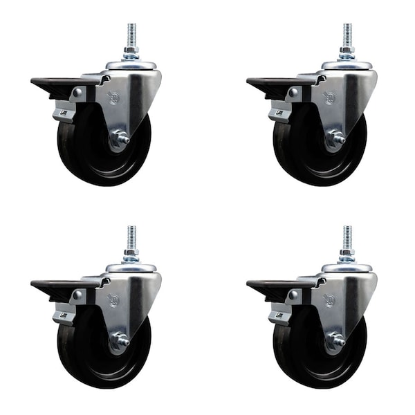 4 Inch Phenolic 38 Inch Threaded Stem Caster Set with Brake